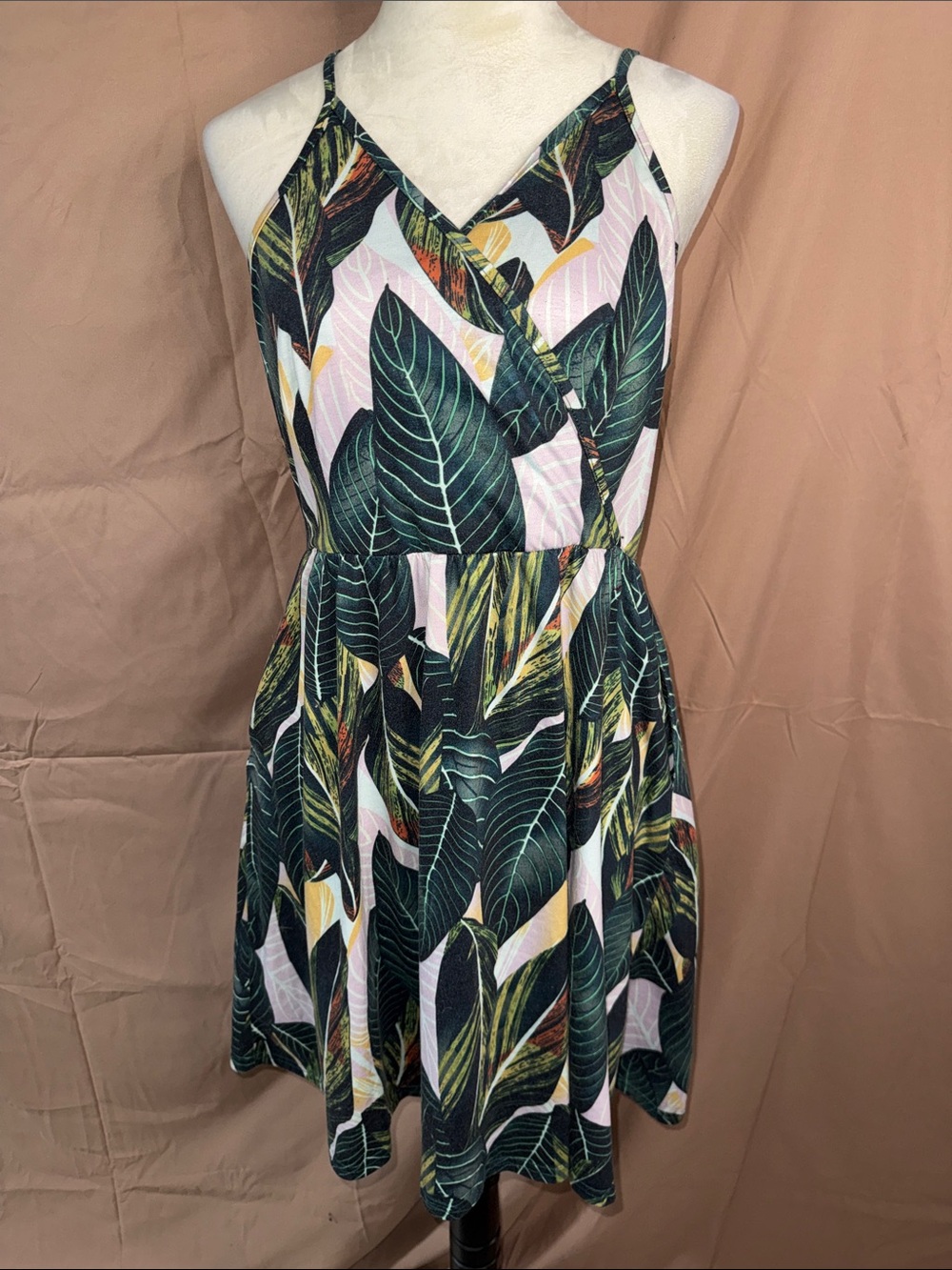 Tropical Leaf Print Spaghetti Strap Dress in Green and Blush- Large